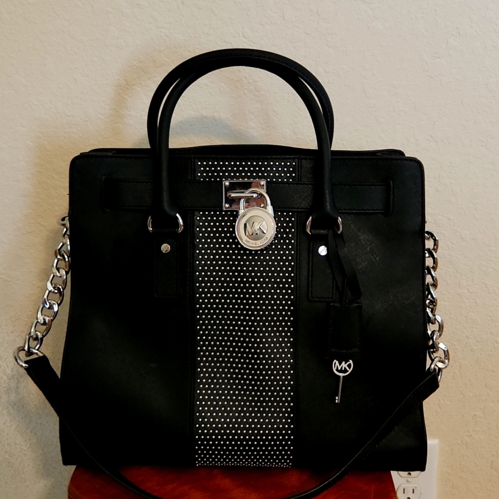 Silver studded, black leather Michael Kors large purse
